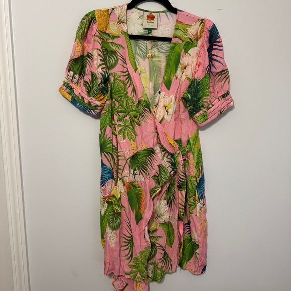 Farm Rio Pink Tropical Floral Wrap Dress Puff Sleeve Tie Waist Size M - Picture 6 of 12